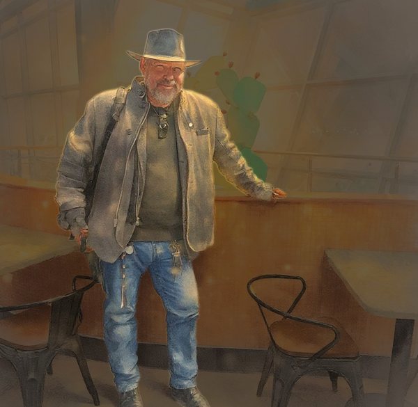 ROCK the RANCHER in a brown hat and leather jacket