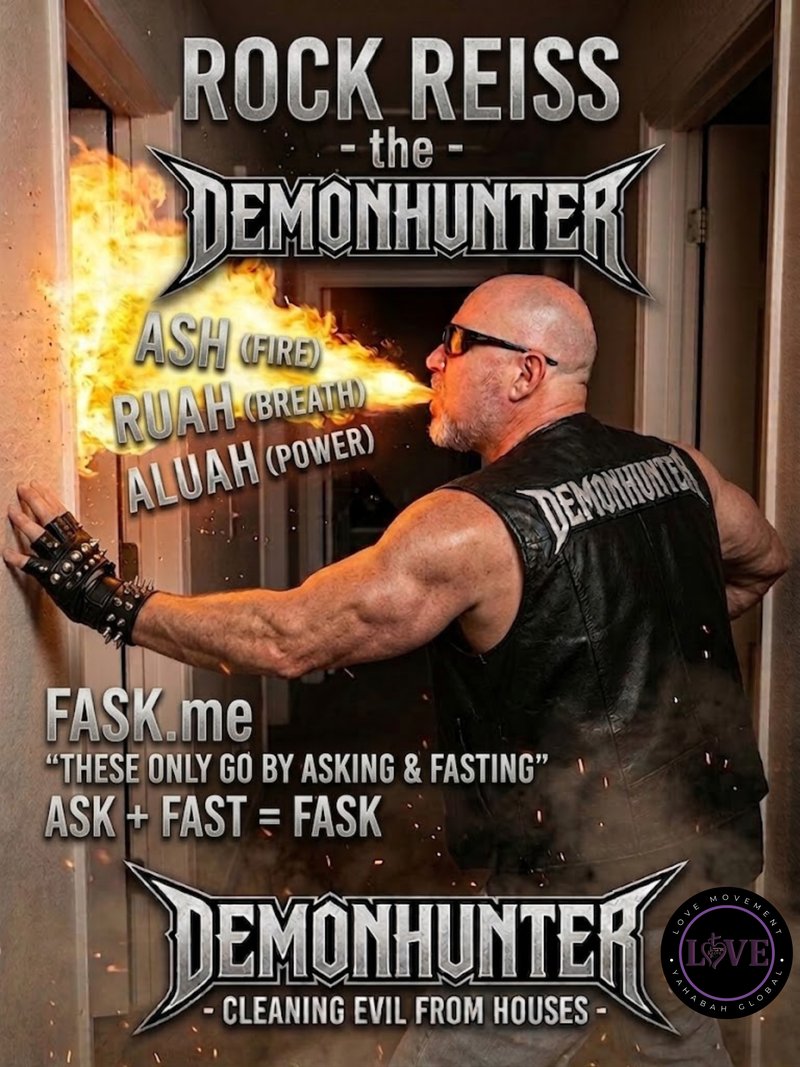 ROCK REISS -the- DEMONHUNTER poster: ASH (FIRE), RUAH (BREATH), ALUAH (POWER). FASK.me: "THESE ONLY GO BY ASKING & FASTING" ASK + FAST = FASK. DEMONHUNTER - CLEANING EVIL FROM HOUSES -