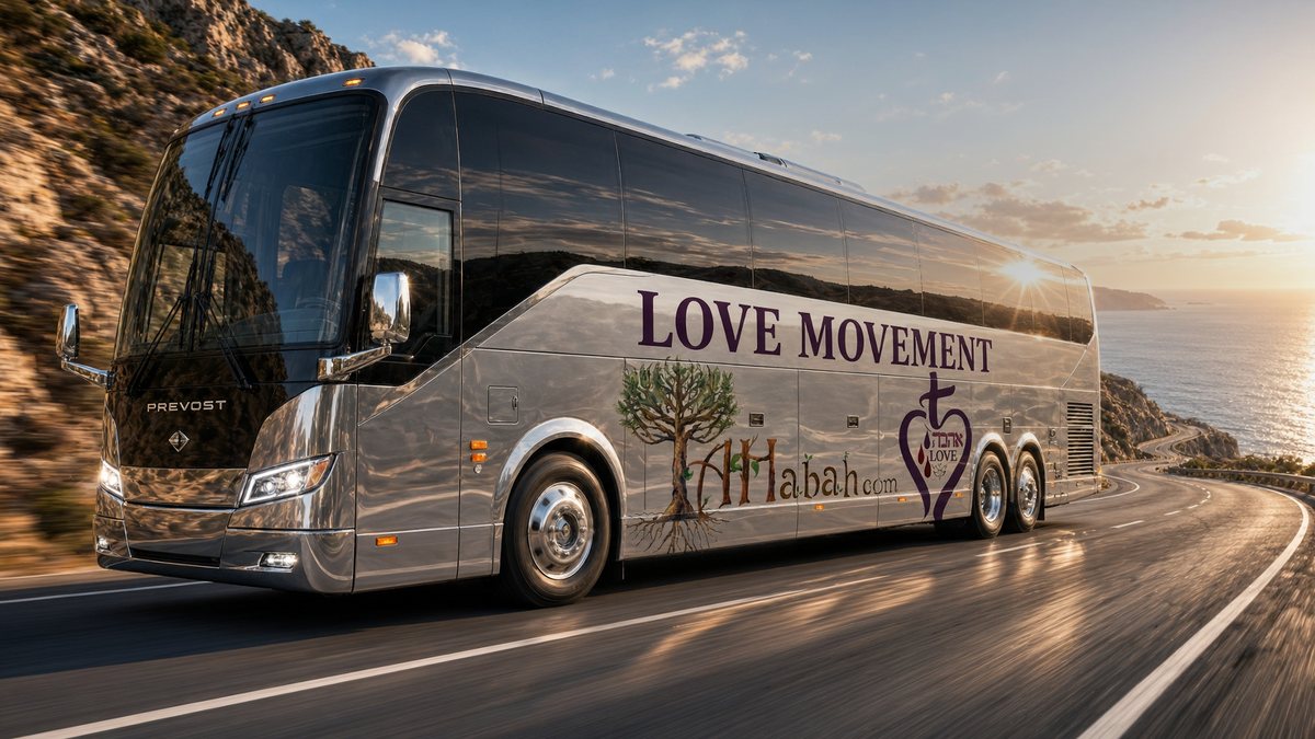 Chrome LOVE MOVEMENT YAHabah tour bus on a coastal highway at sunset: ROCK on the ROAD, DRIVES the LOVE MOVEMENT