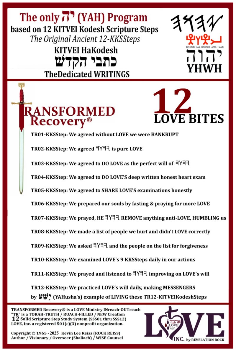 TRANSFORMED Recovery® 12 LOVE BITES: The only YAH Program based on 12 KITVEI Kodesh Scripture Steps, The Original Ancient 12-KKSSteps, KITVEI HaKodesh, The Dedicated WRITINGS, TR01 to TR12 KKSSteps chart